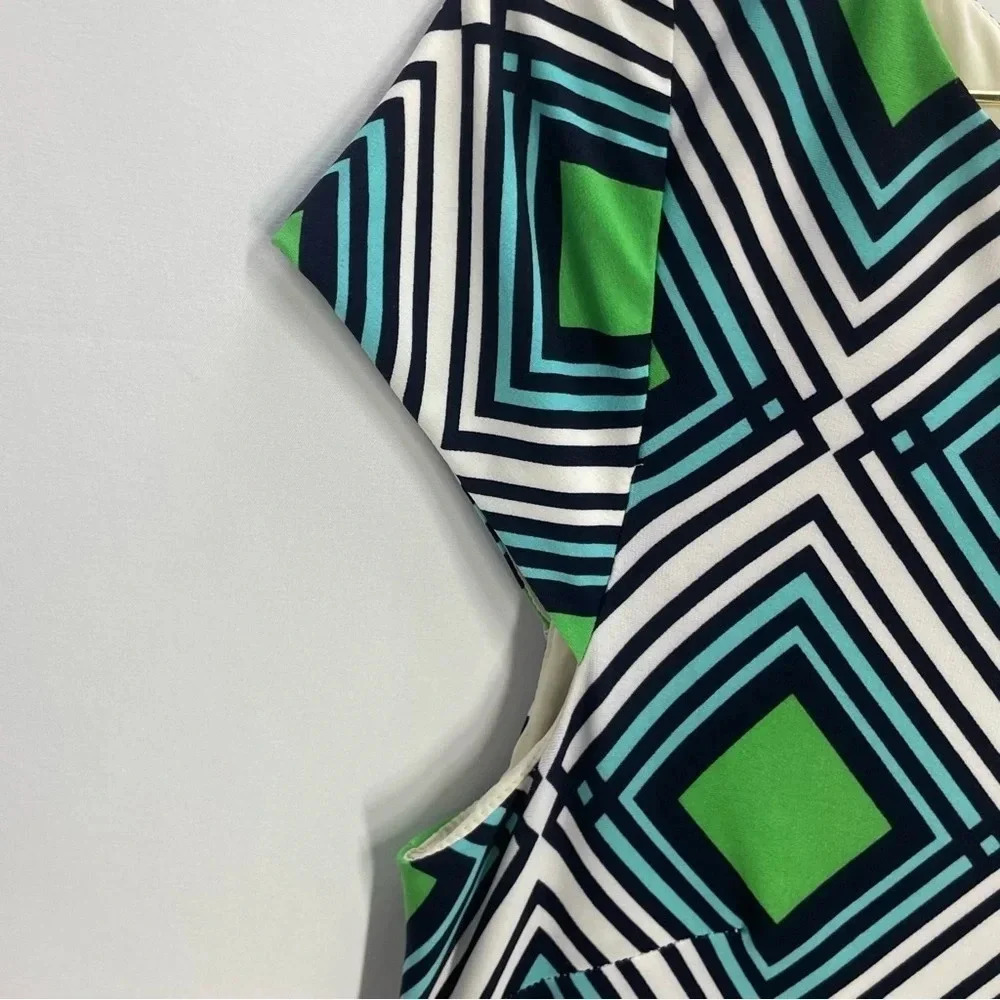 Eliza J Geometric Art to Wear Unique  Green Navy Cap Sleeve Shift Midi Dress - Picture 6 of 8